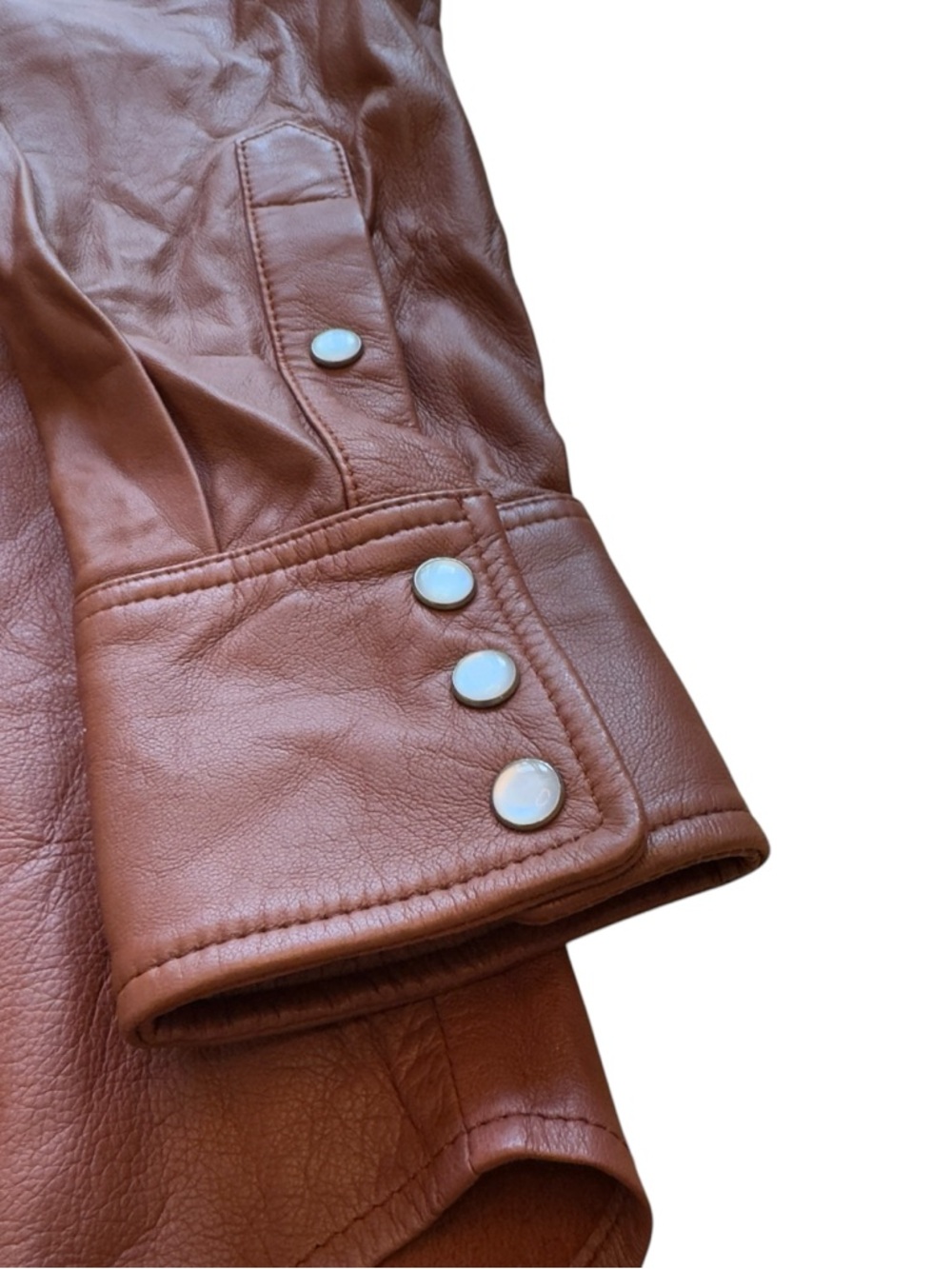 SPRWMN Brown Leather Snap Front Shirt Genuine Leather Small Quiet Luxury STAINED - Picture 8 of 16